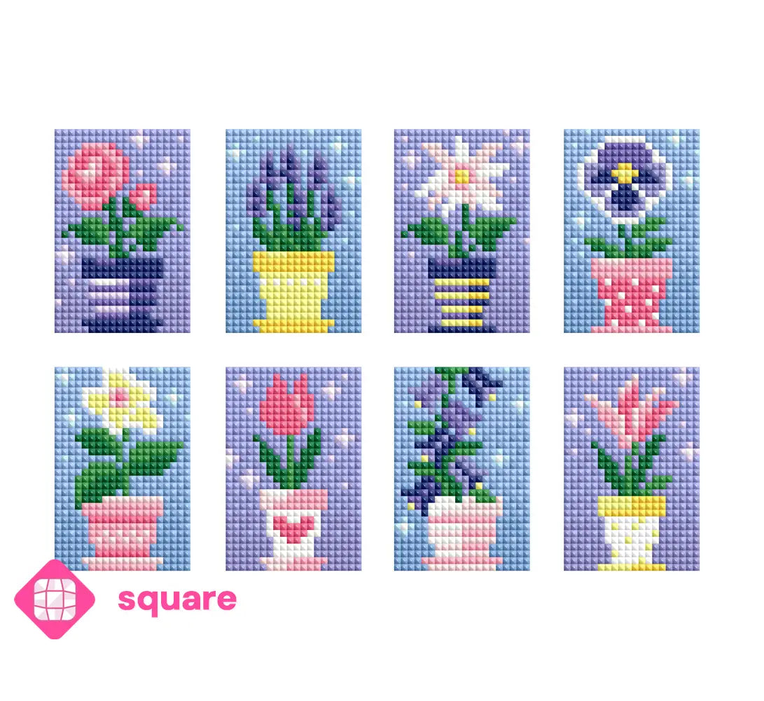 Diamond Painting Vorschau von einem Set von 8 Mini Motiven mit bunten Blumentöpfen und verschiedenen Blumen