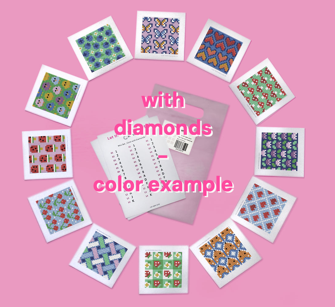 Diamond Painting Mini Set von Carat Art mit 12 kleinen Leinwänden mit schwarz-weiß-Druck für übriggebliebene Reststeine beispielhaft mit farbigen Steinen dargestellt