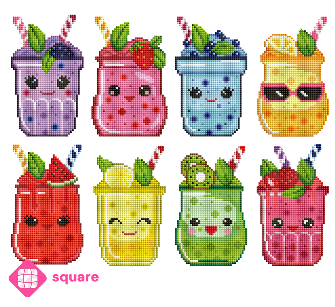 Diamond Painting Vorschau mit Steinoptik von 8 Sticker Motiven verschiedener Bubble Tea Drinks in Brombeer, Erdbeer, Blaubeer, Orange, Melone, Zitrone, Kiwi und Himbeer Version