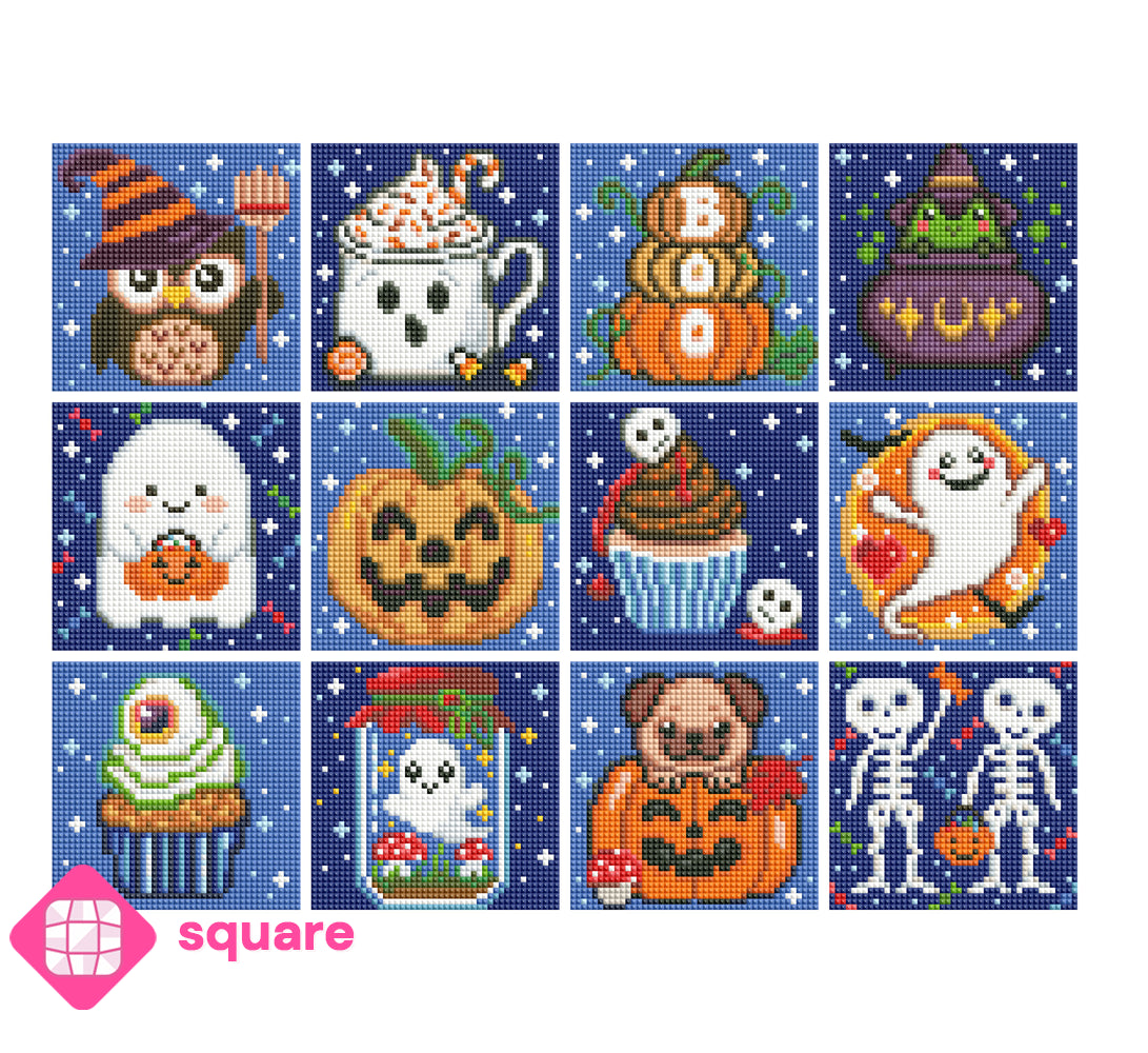 Diamond Painting Vorschau mit Halloween Mini Motiven und funkelnden Diamantsteinen