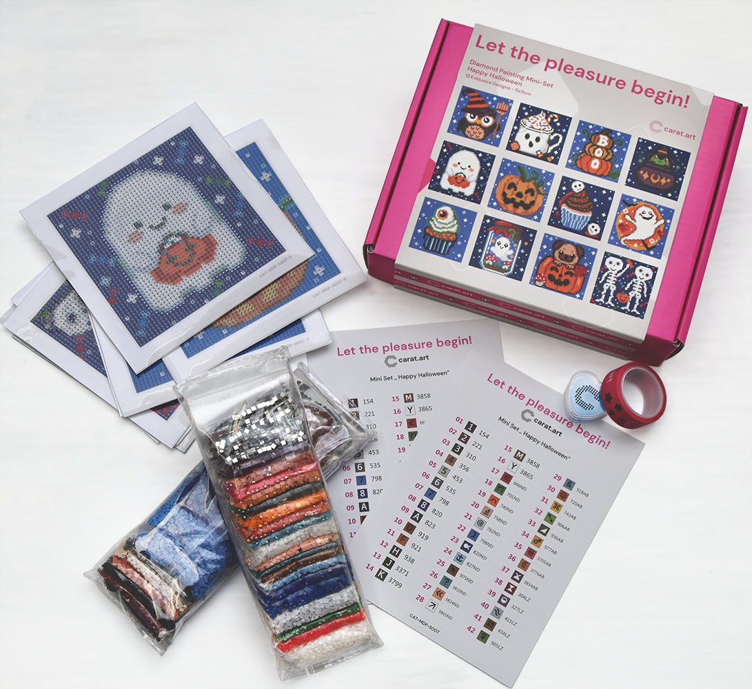 Diamond Painting Mini Set Halloween mit 12 kleinen Leinwänden, Box und Zubehör