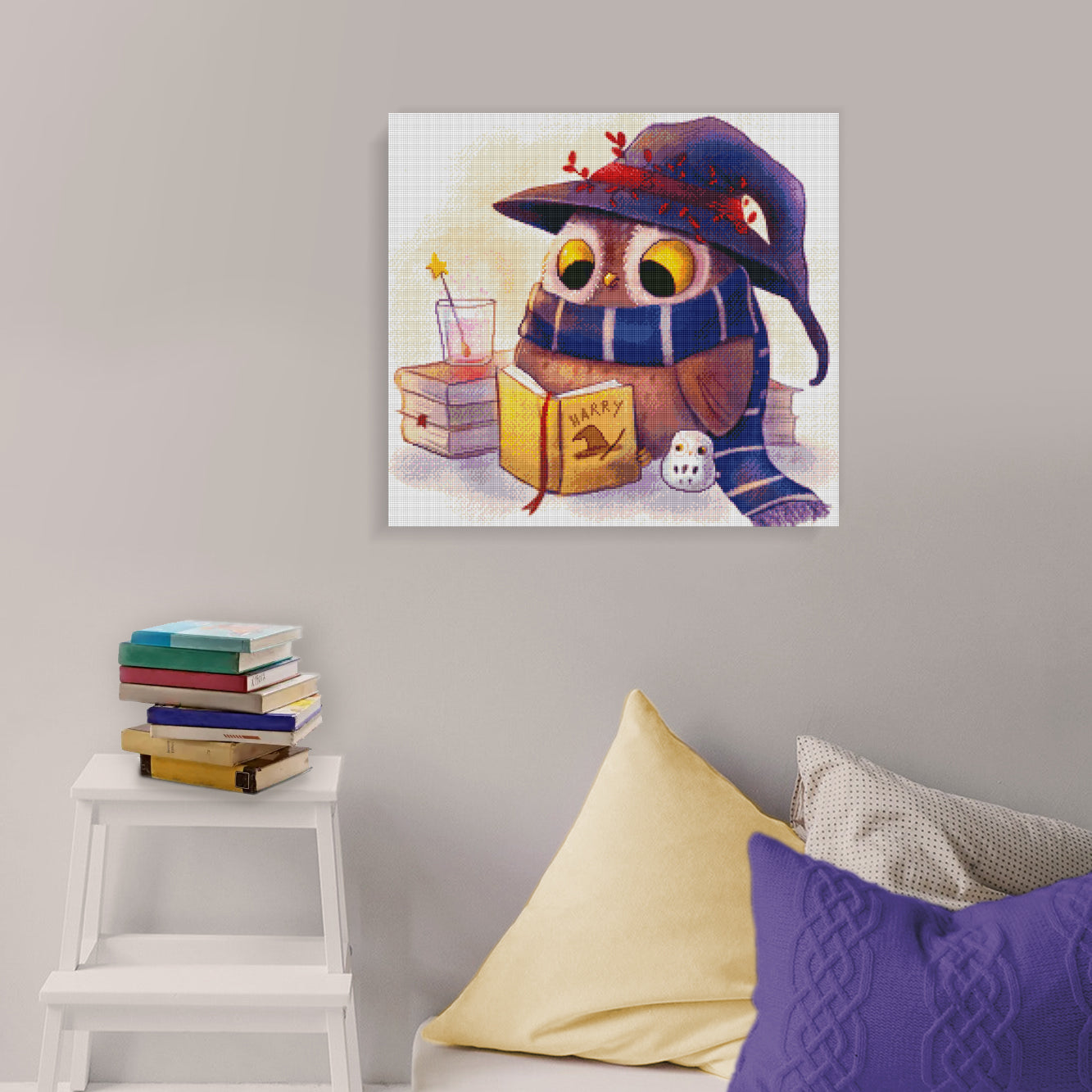 Kleine Zaubereule Diamond Painting als stimmungsvolle Wohnraumdekoration