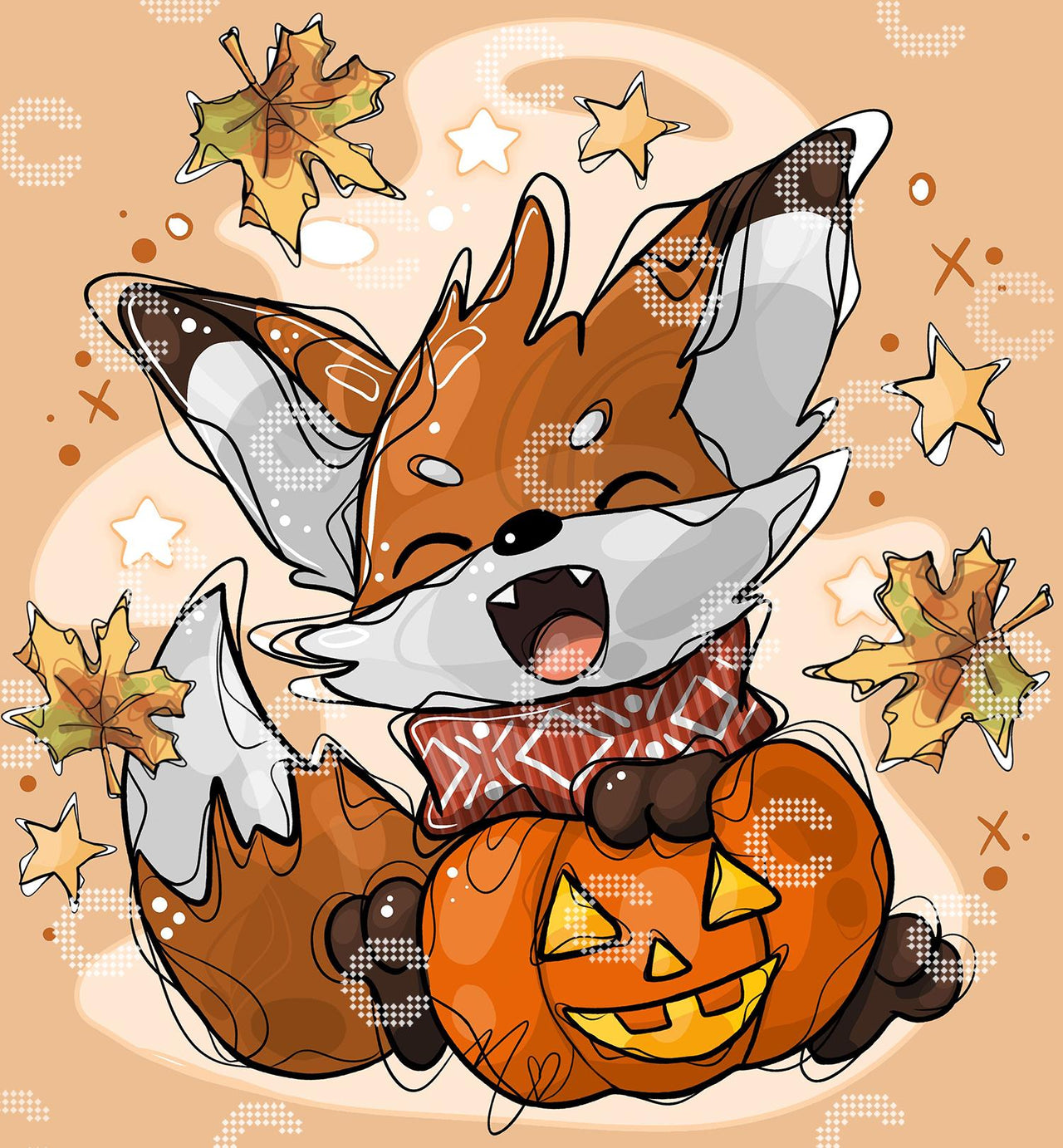 Diamond Painting Fuchs Motiv mit Herbstlaub und Halloween Kürbis