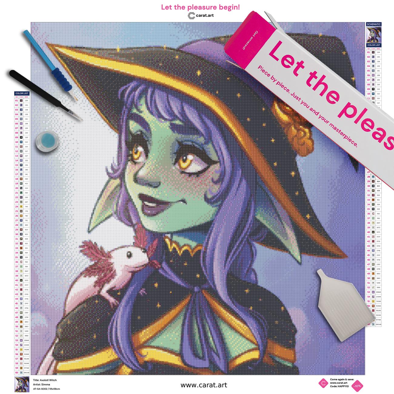 Premium Diamond Painting Set mit Axolotl Hexe, Leinwand und hochwertigem Zubehör