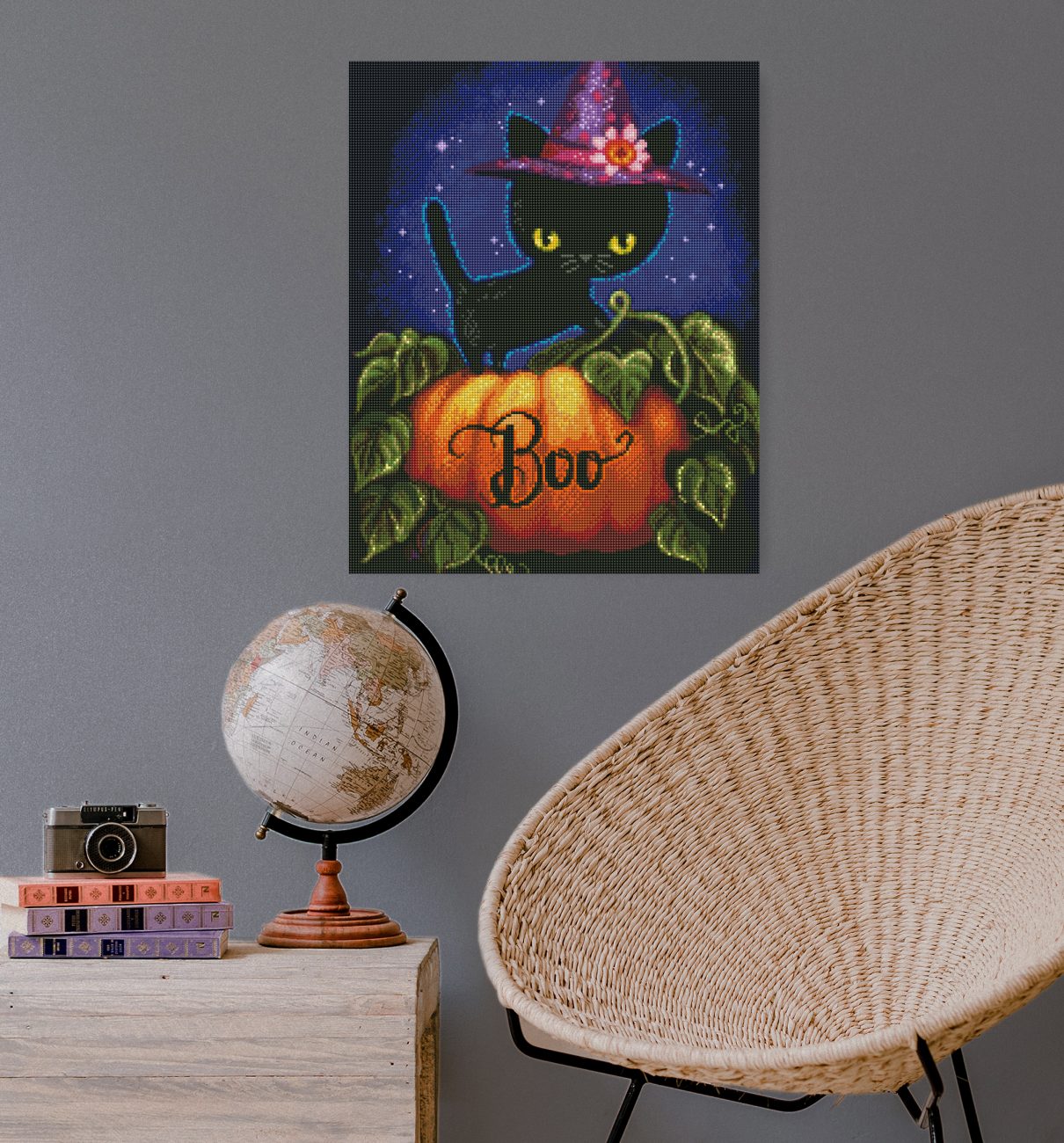 Diamond Painting Halloween Motiv mit Katze und Kürbis als saisonale Wanddekoration