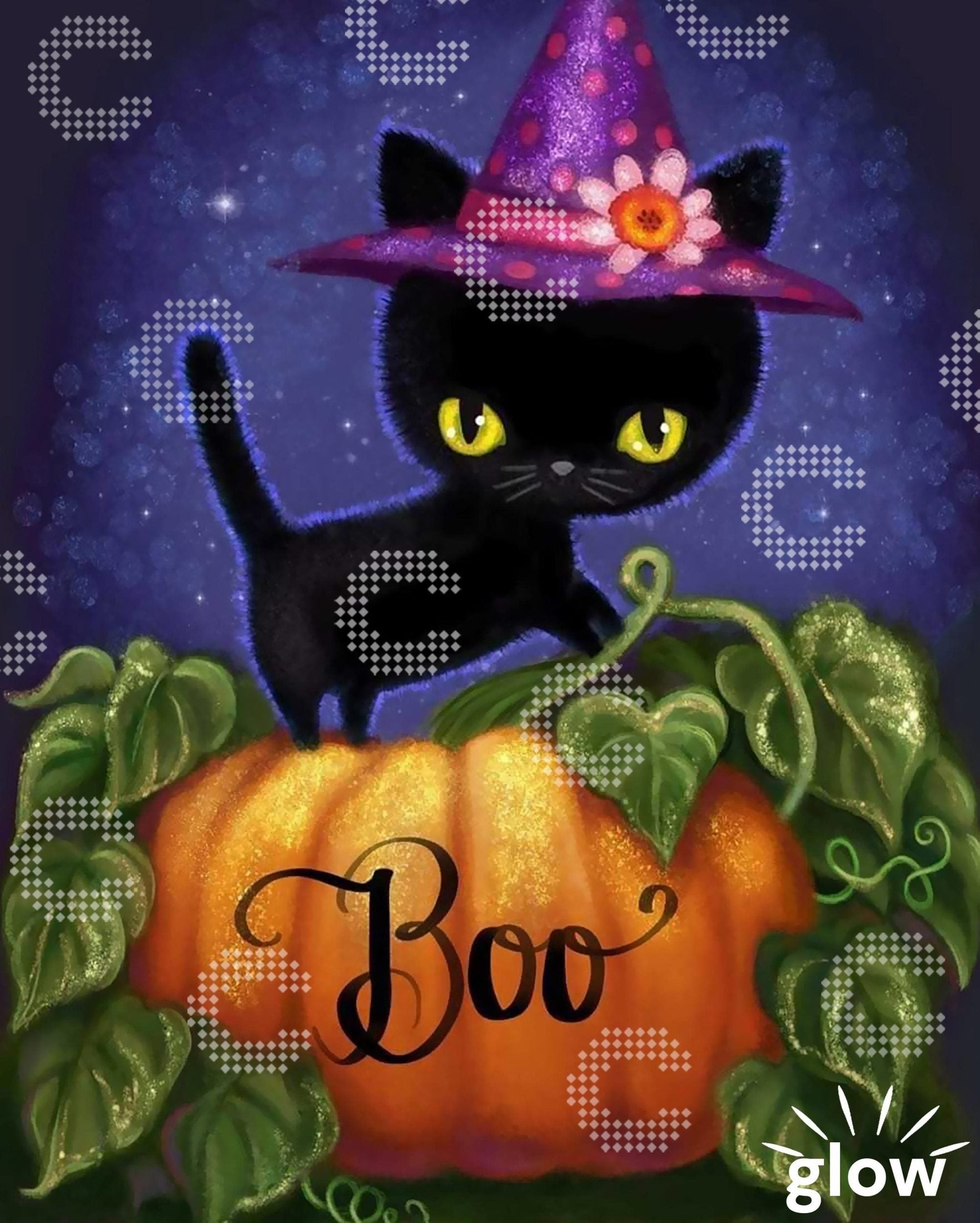 Diamond Painting Halloween Motiv mit niedlicher Katze und Kürbis