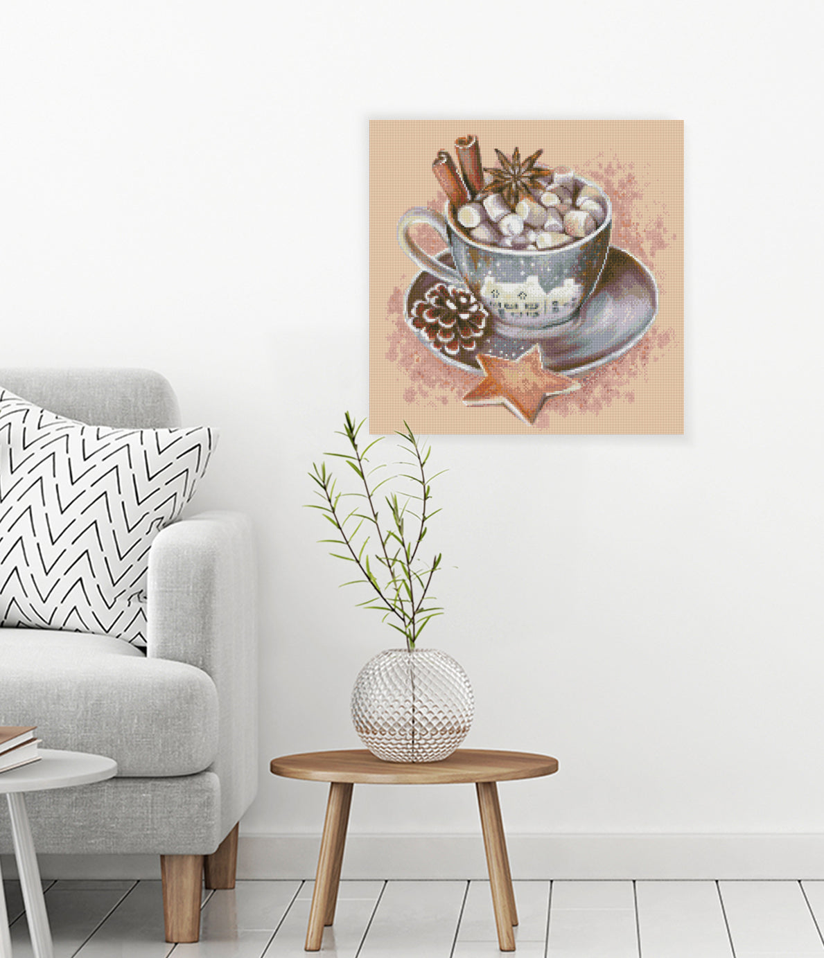 Gemütliches Diamond Painting mit Wintertasse, Marshmallows und weihnachtlicher Dekoration als stimmungsvolle Winter Wanddekoration