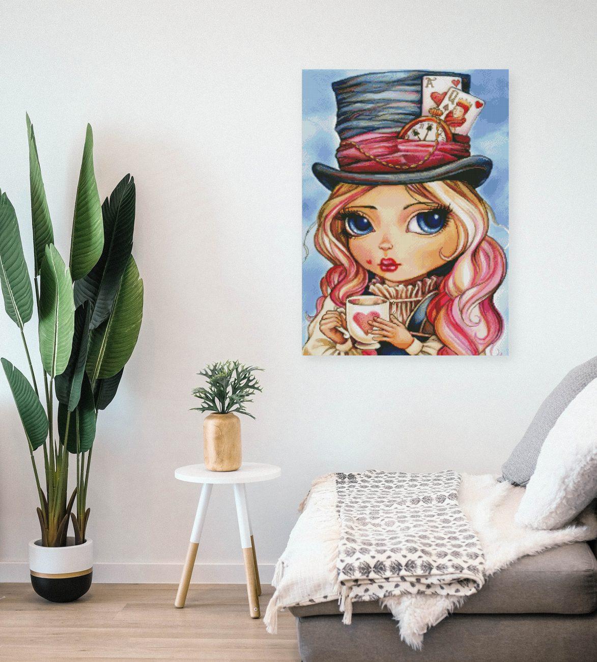 Märchenhaftes Diamond Painting mit Alice und typischen Wunderland-Details als fantasievolle Wanddekoration