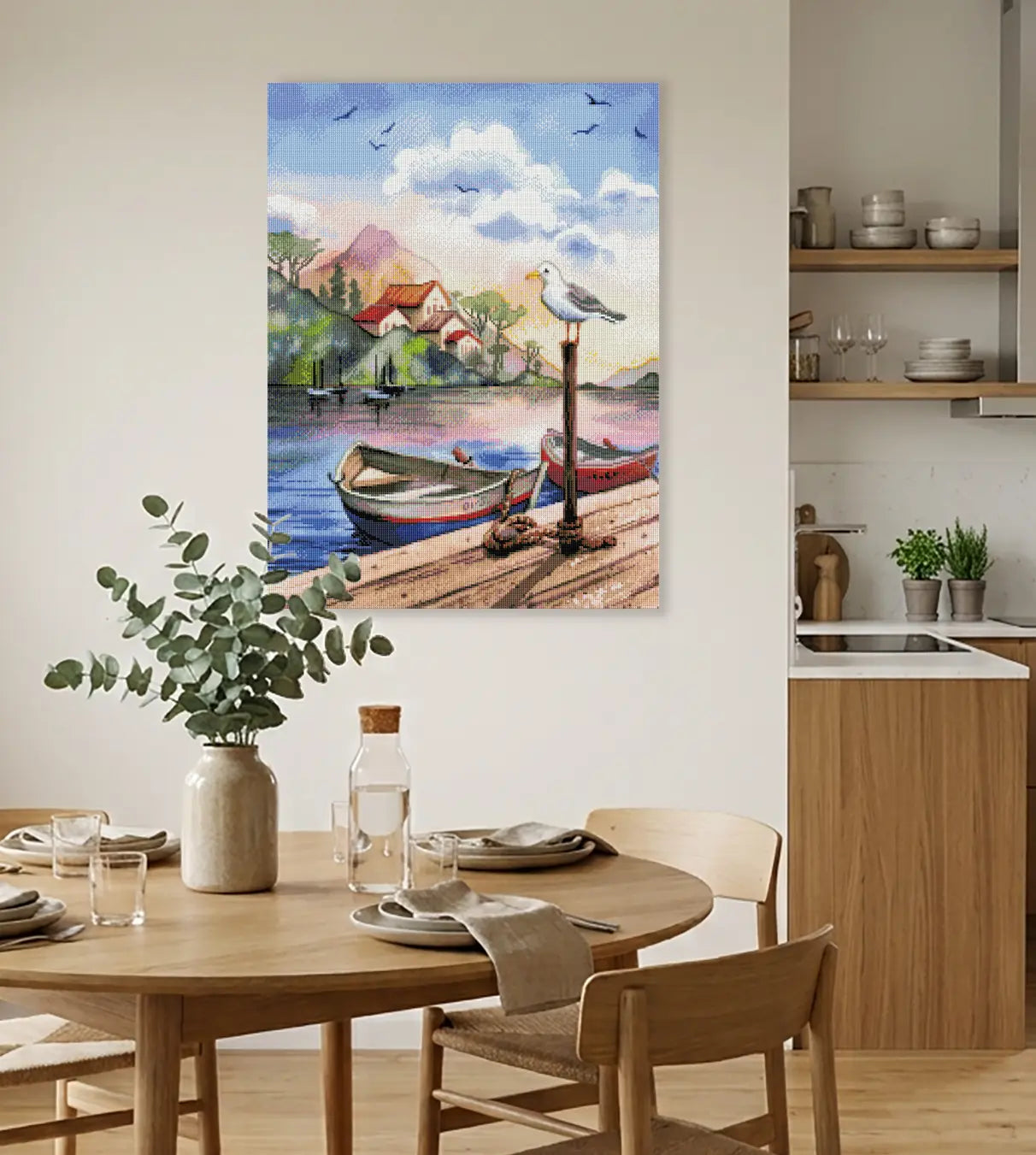 Stimmungsvolles Diamond Painting mit idyllischem Bergsee und Berglandschaft als dekorative Wanddekoration