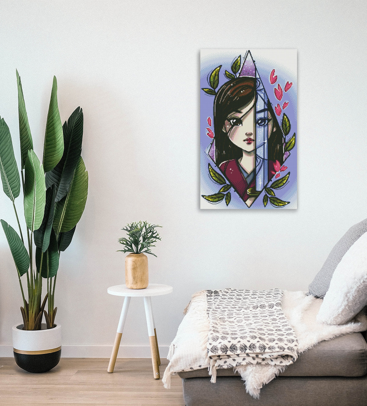 Ausdrucksstarkes Diamond Painting mit geheimnisvoller Kriegerin und Schwert als Fantasy Wanddekoration
