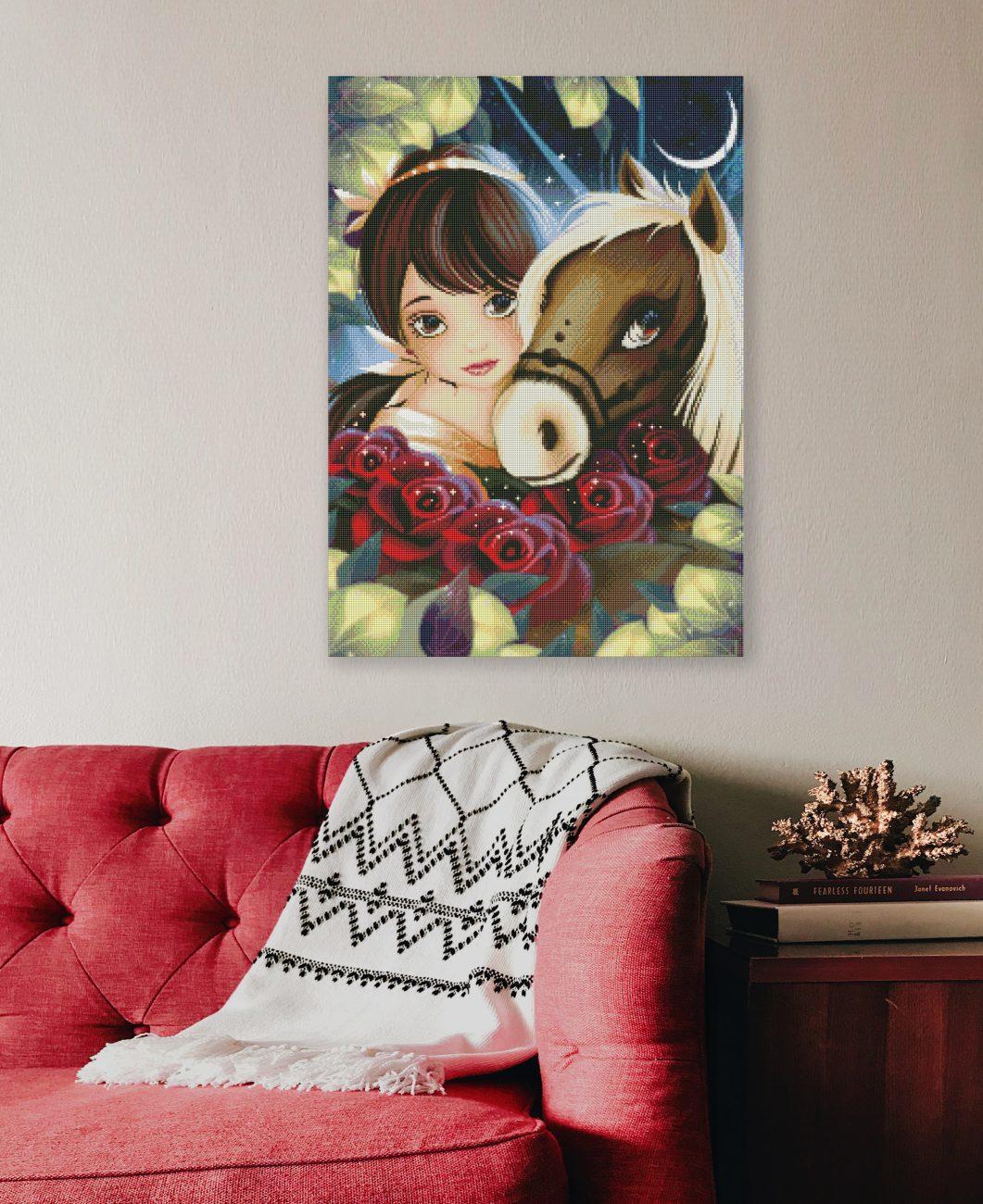 Diamond Painting Belle mit Rosen als romantische Märchen Wanddekoration