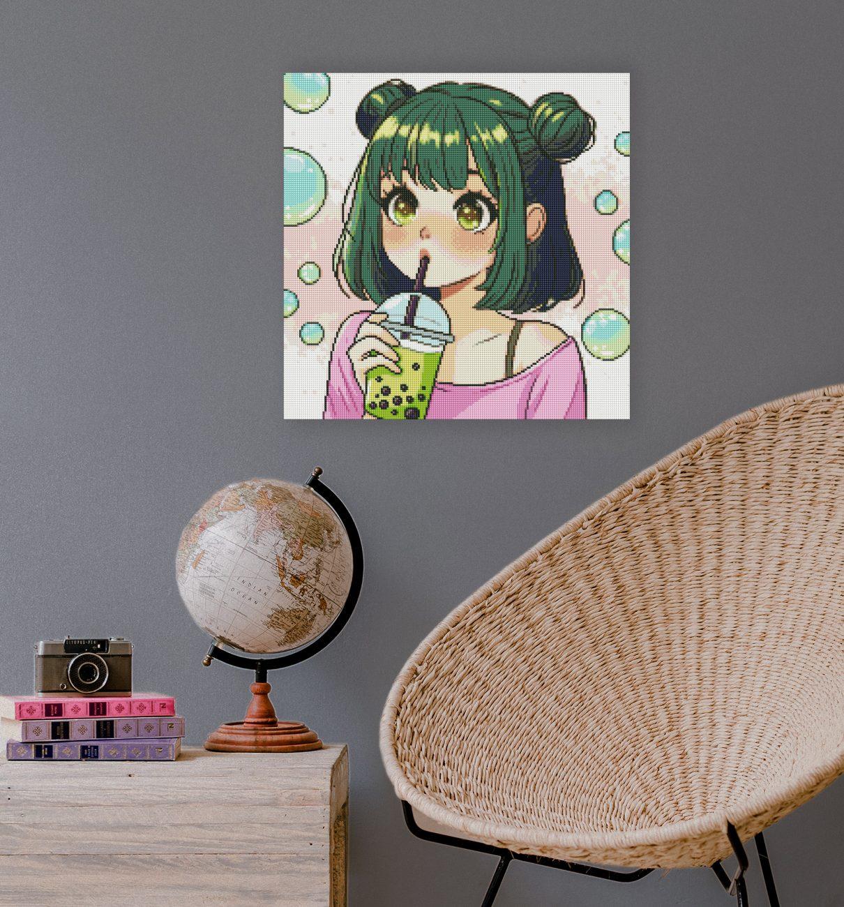 Diamond Painting Mädchen mit Bubble Tea als kreative und verspielte Wanddekoration