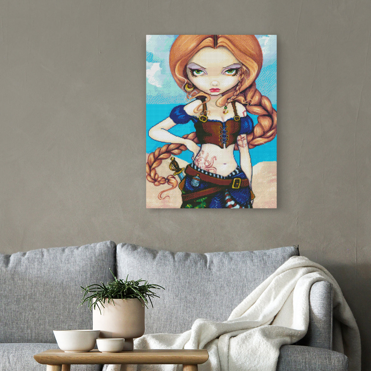 Abenteuerliches Diamond Painting mit Piratin am Karibikstrand als Fantasy Wanddekoration