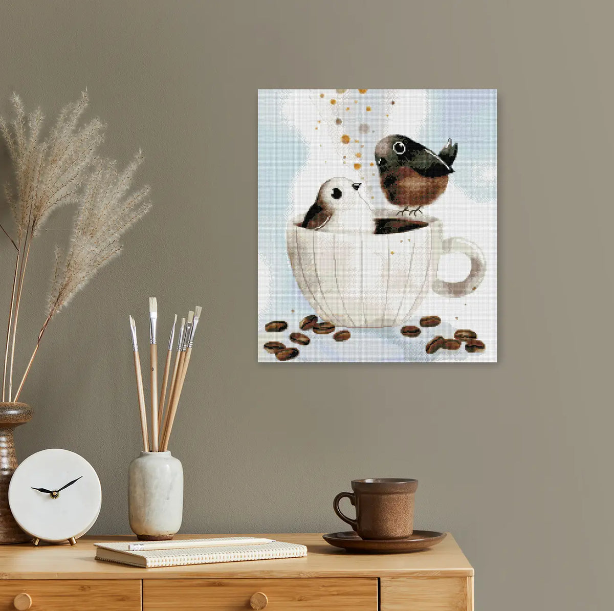 Diamond Painting mit zwei niedlichen Kaffee Vögelchen als gemütliche Dekoration für Kaffee Fans