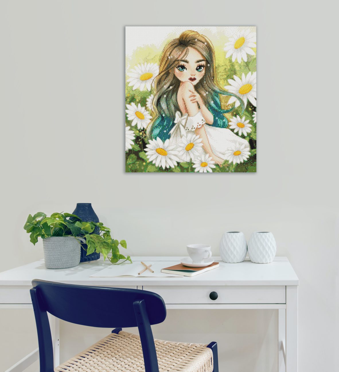 Romantisches Diamond Painting mit Mädchen in einem weißen Spitzenkleid auf einer Gänseblümchenwiese als zauberhafte Wanddekoration