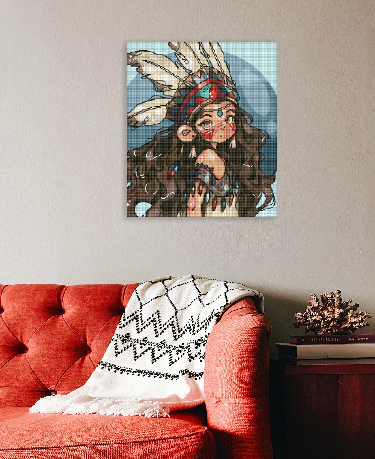 Mystisches Diamond Painting mit Indianer Mädchen und kunstvollem Federschmuck als eindrucksvolle Wanddekoration
