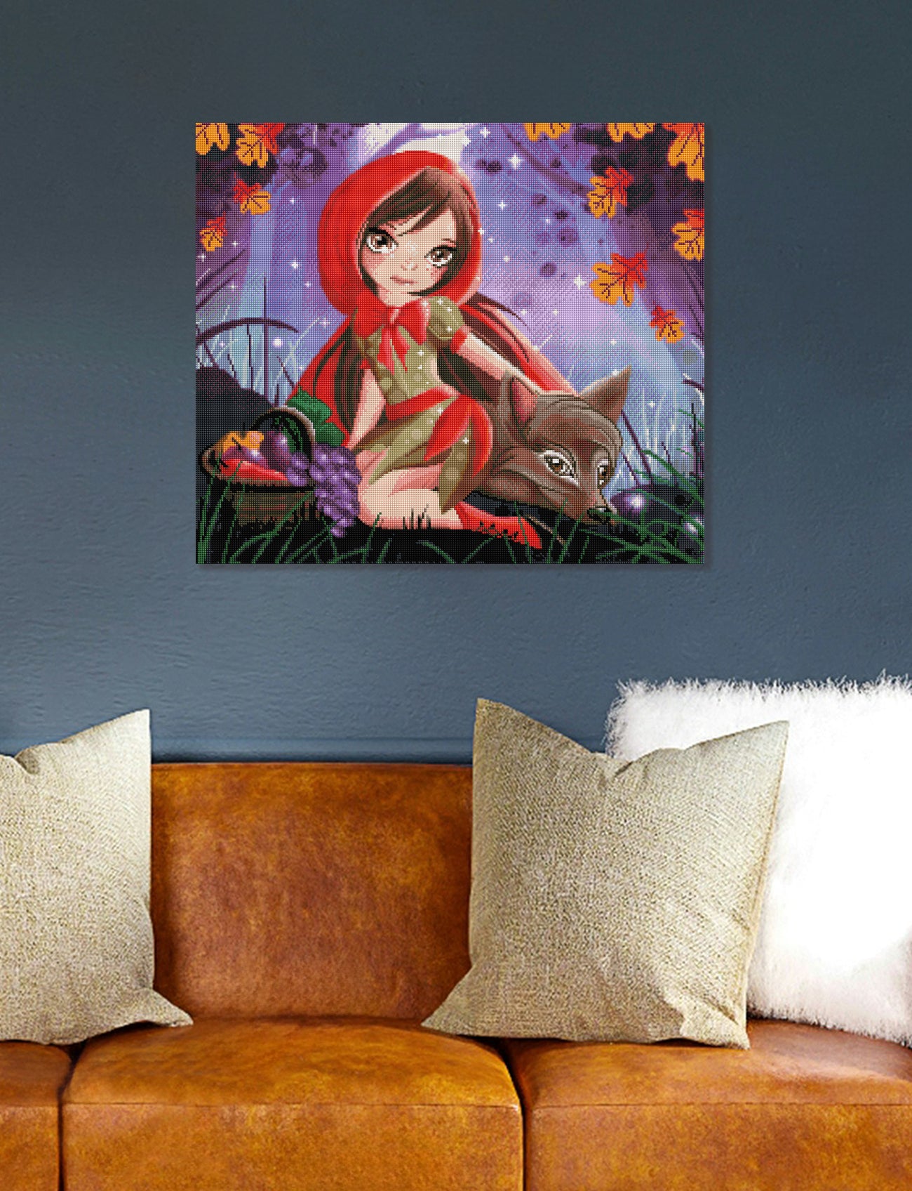 Märchenhaftes Diamond Painting mit Rotkäppchen und ihrem Wolf beim Picknick im Wald, umgeben von fallendem Herbstlaub, als zauberhafte Wanddekoration