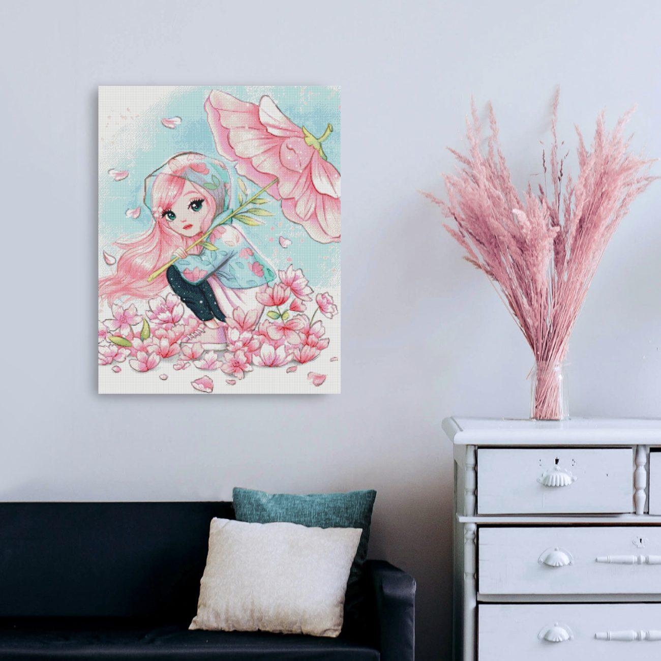 Romantisches Diamond Painting mit Mädchen im Blütenregen als zauberhafte Wanddekoration in Rosa und Türkis
