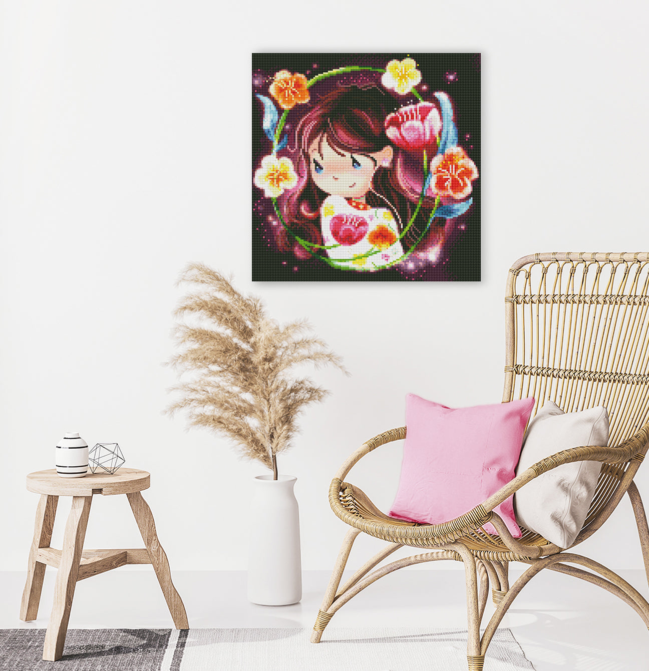 Romantisches Diamond Painting Mädchenportrait mit Blumen als dekorativer Blickfang für dein Zuhause