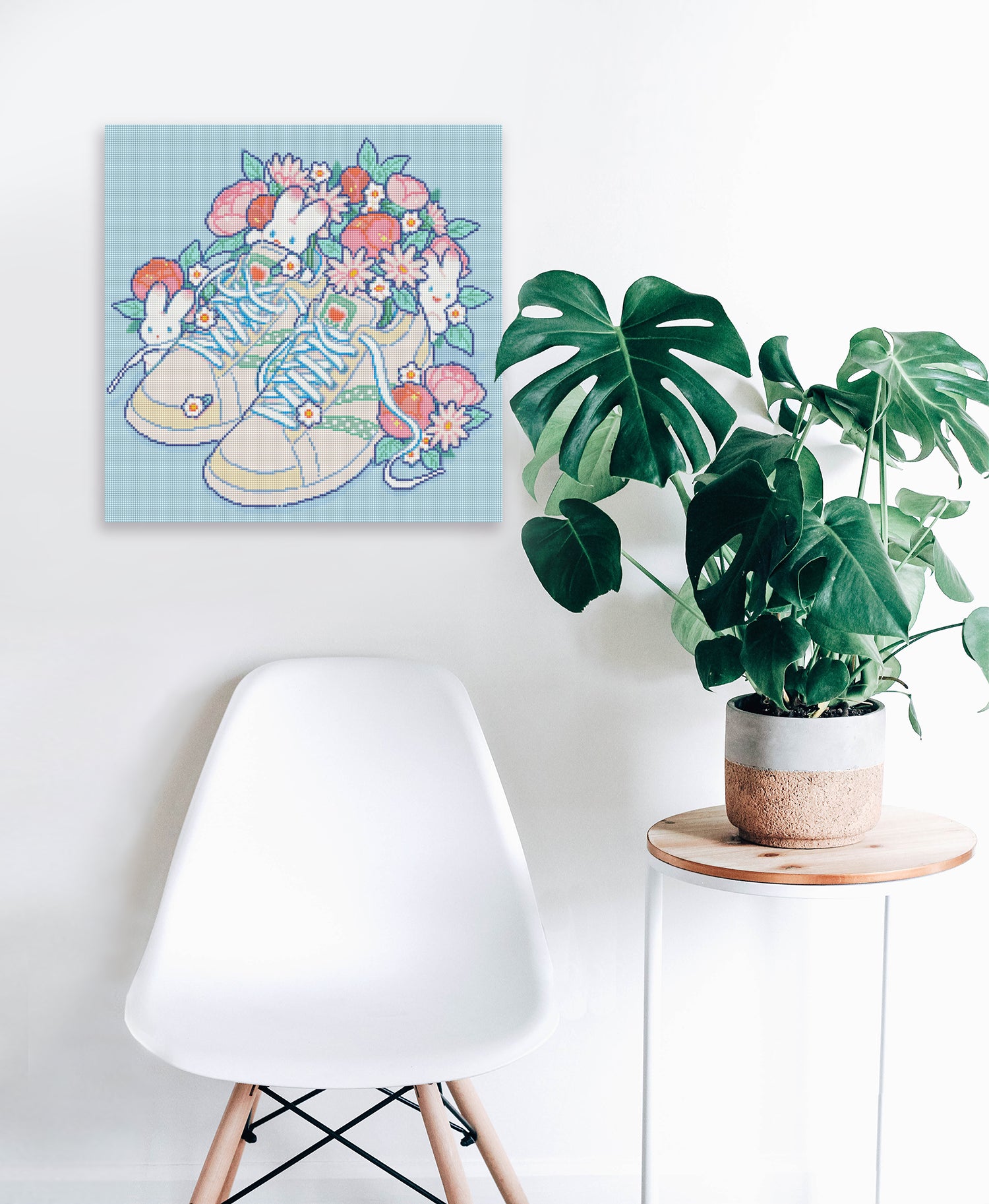 Diamond Painting von Hiroko mit blühenden Sneakers und kleinen Häschen als verspielte Fantasy Wanddekoration