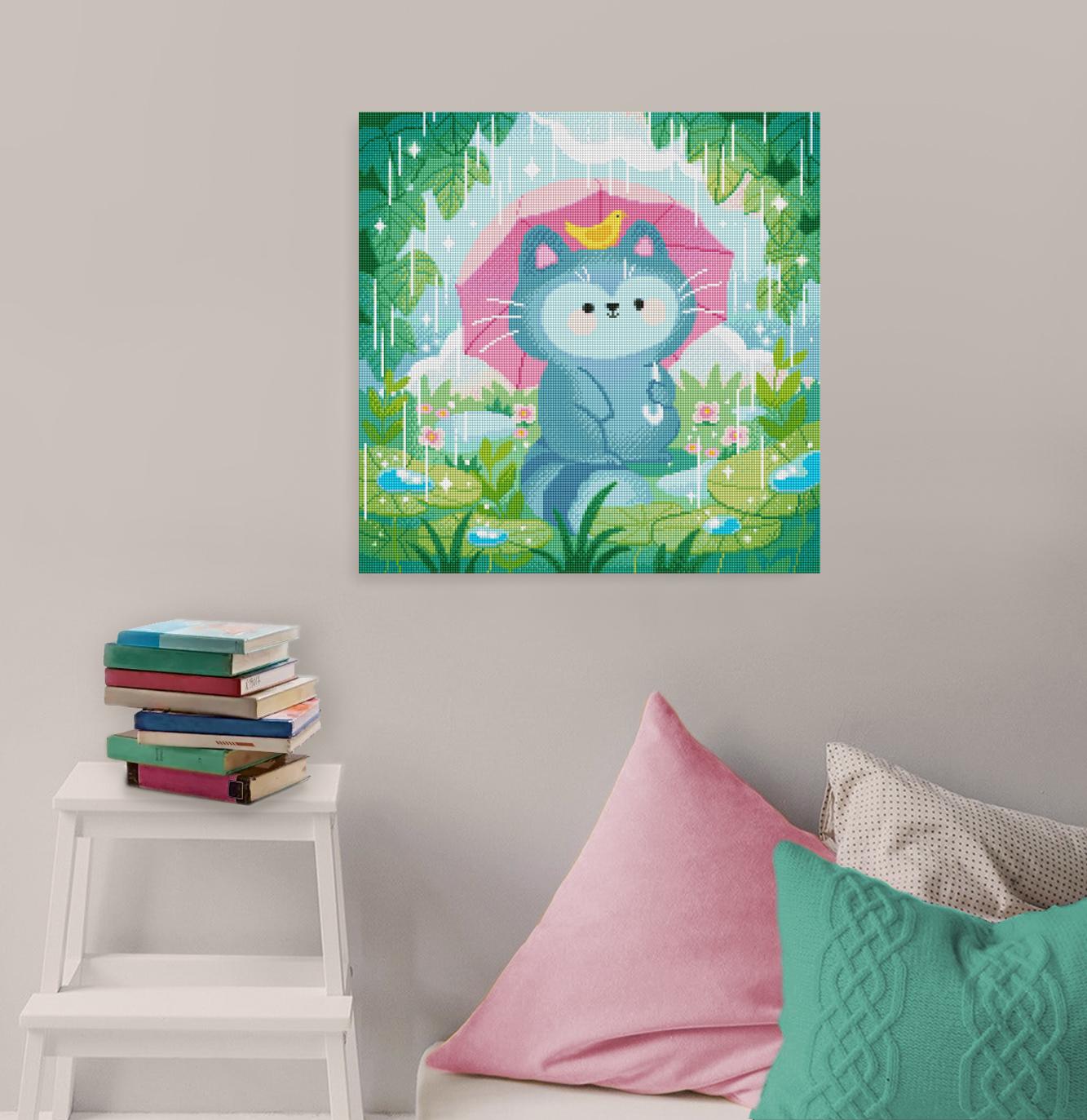 Diamond Painting niedlicher Waschbär im Regen als liebevolle Tier Wanddekoration