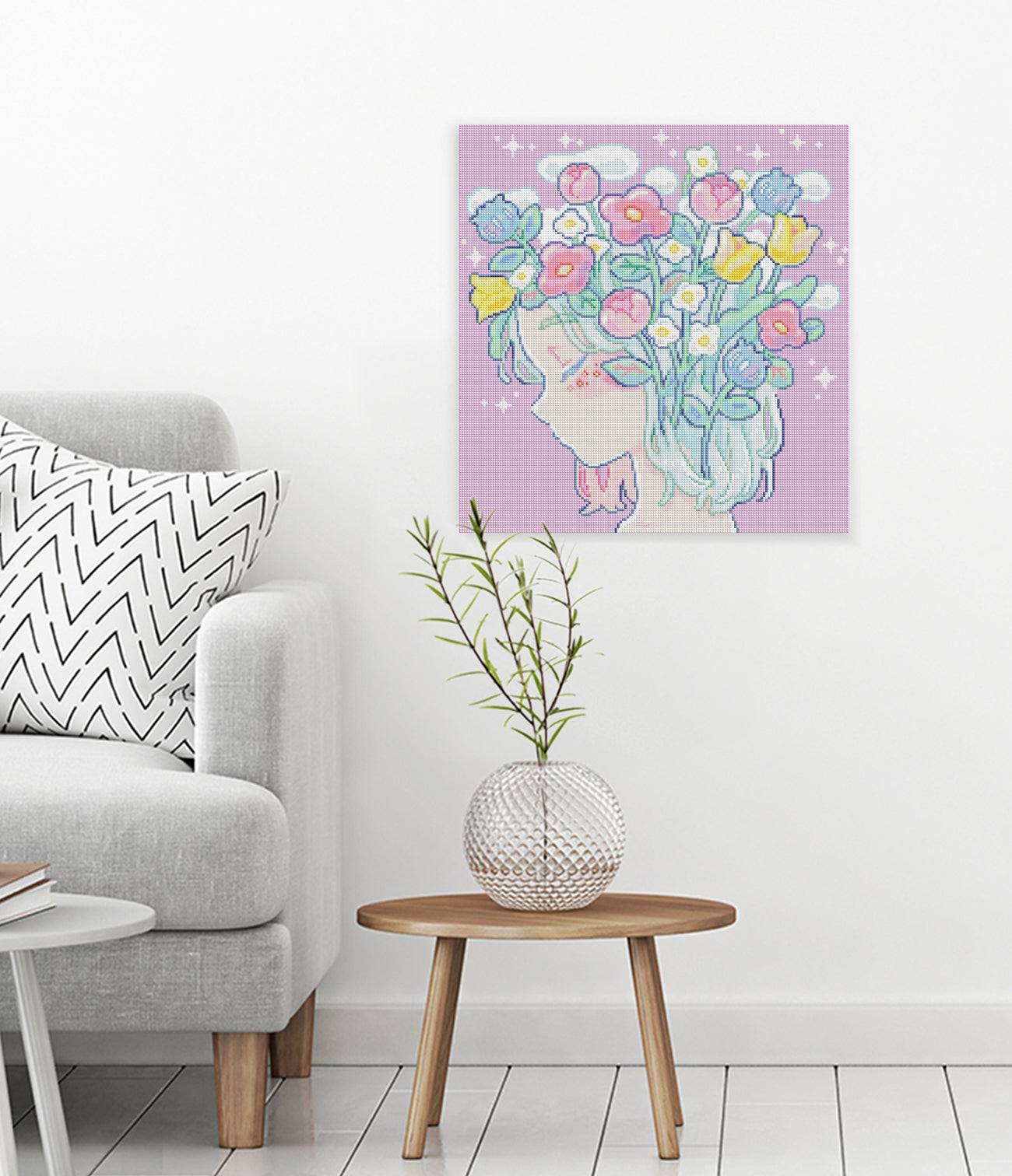 Diamond Painting von Hiroko mit Blumenmädchen Portrait und Pastellfarben als verträumte florale Wanddekoration