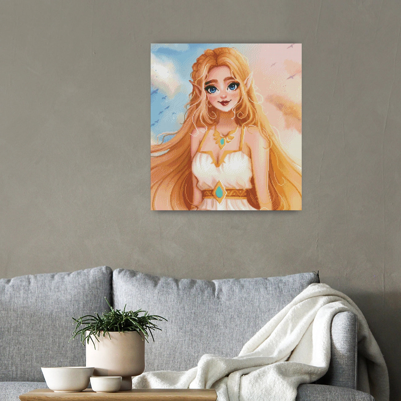 Elegantes Diamond Painting mit Frau im weißen Kleid und goldenem Haar vor einem leuchtenden Himmel als stimmungsvolle Wanddekoration