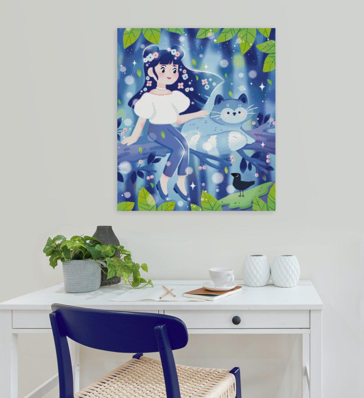 Diamond Painting Mädchen mit Waschbär im Kirschbaum als verträumte Natur Wanddekoration