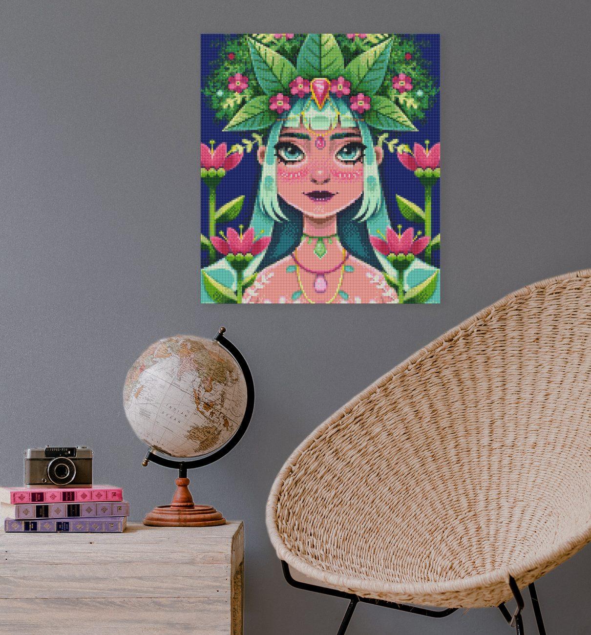 Exotisches Diamond Painting mit floral geschmücktem Mädchen als farbenprächtige Wanddekoration