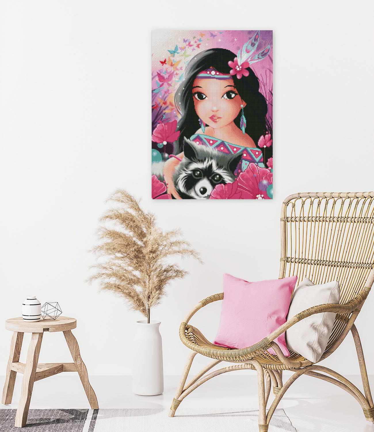 Zauberhaftes Diamond Painting mit kleinem Mädchen, Waschbär und bunten Schmetterlingen als farbenfrohe Wanddekoration