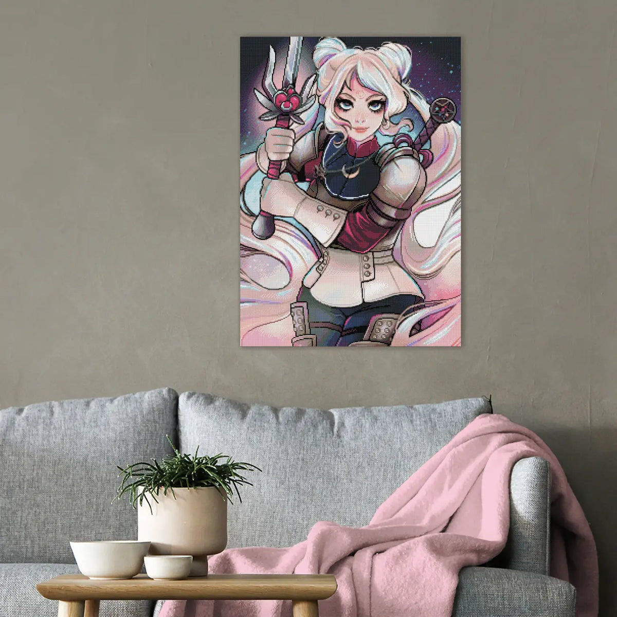 Diamond Painting Kriegerin mit Schwert und langen blonden Haaren als eindrucksvolle Anime Fantasy Wanddekoration