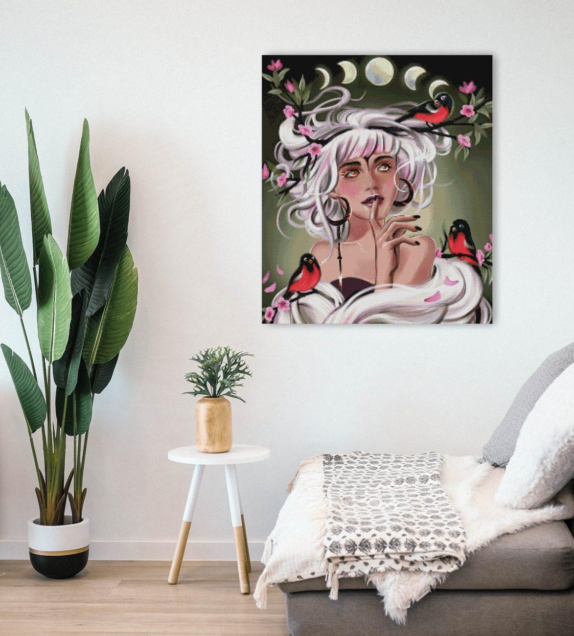 Diamond Painting geheimnisvolles Mädchen mit Vögeln als verträumte Fantasy Wanddekoration