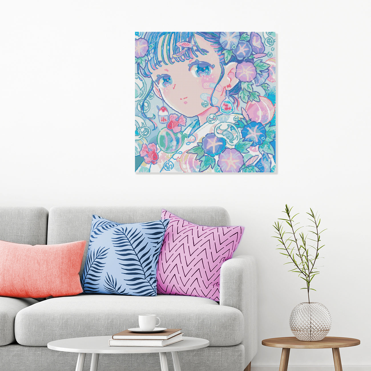 Japanisch inspiriertes Diamond Painting mit Mädchenportrait von Hiroko mit Blüten und Goldfischen als verträumte Wanddekoration für Anime- und Japanfans