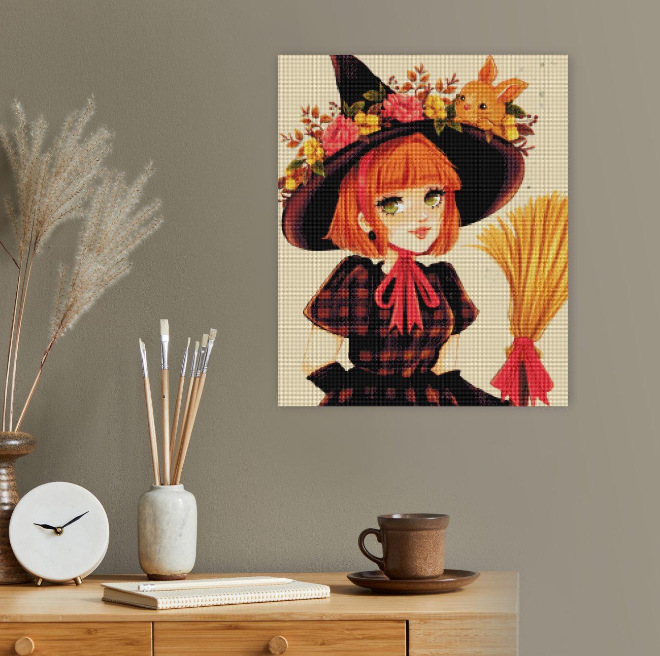 Diamond Painting Hexe mit Blumenhut und Besen als Fantasy Wanddekoration