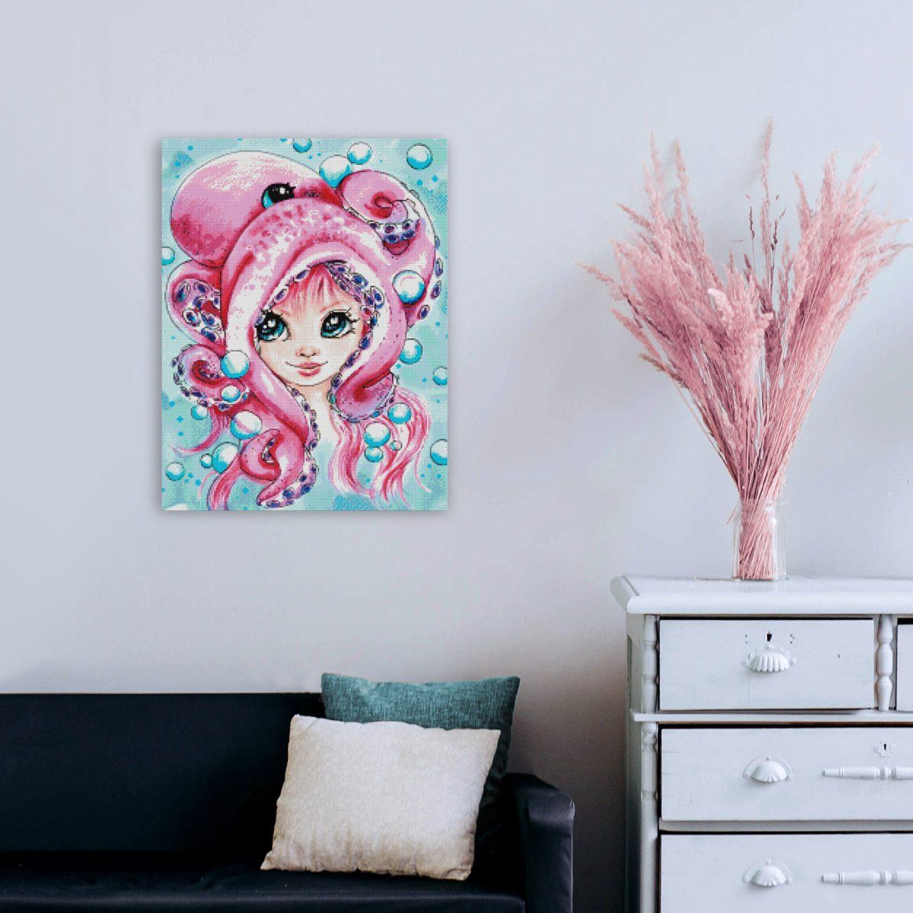 Diamond Painting Mädchen mit Oktopus unter Wasser als fantasievoller Blickfang im Wohn- oder Hobbyzimmer