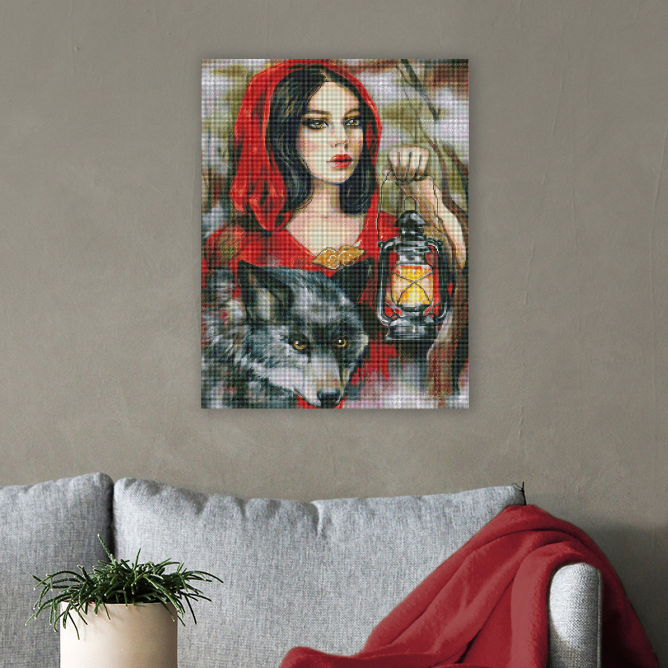 Mystisches Rotkäppchen Diamond Painting mit Wolf und Laterne als märchenhafte Wanddekoration
