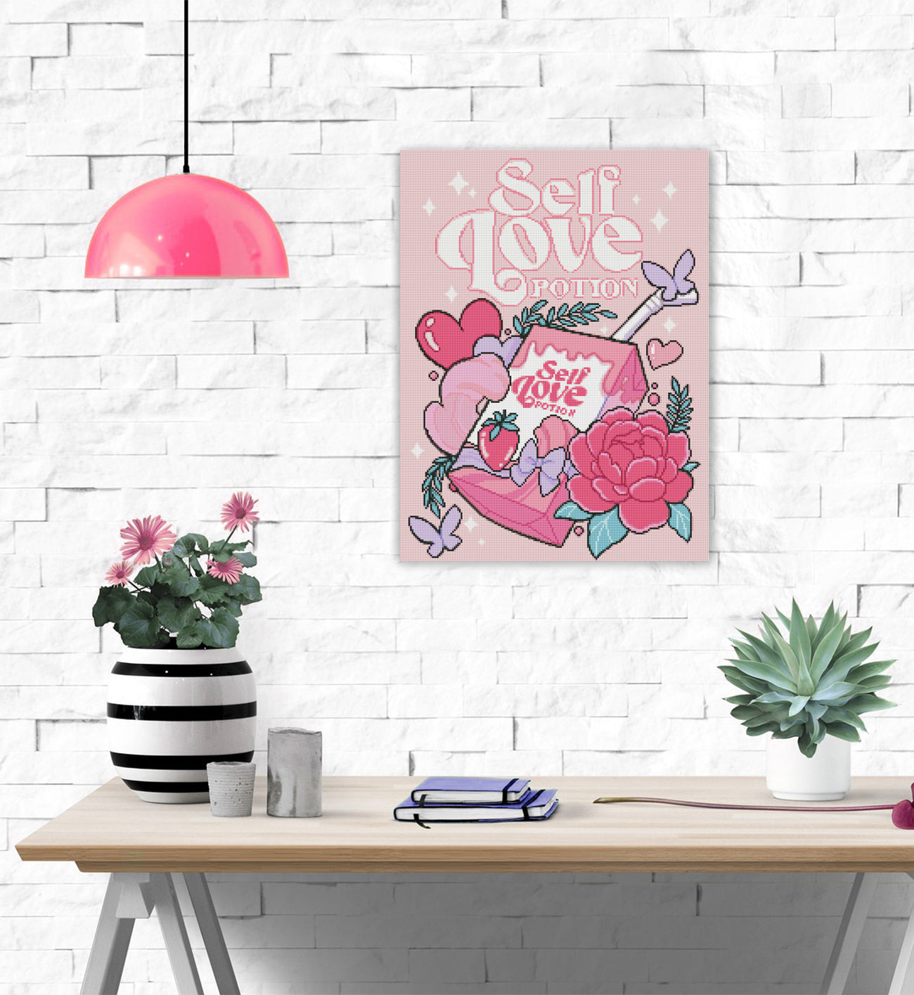 Diamond Painting Self Love Potion mit Saftkarton, Blumen, Herzen und Schmetterlingen als verspielte Kawaii Wanddekoration