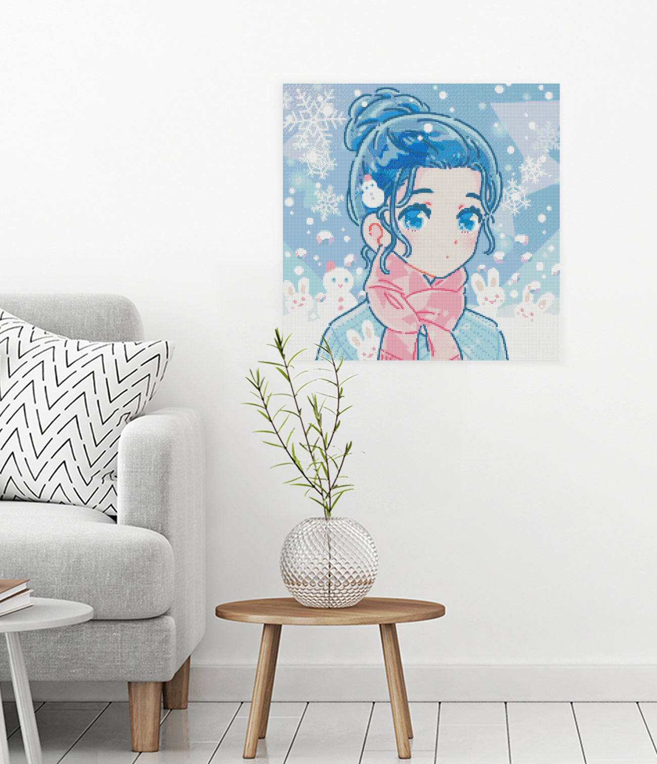 Verträumtes Winter-Diamond-Painting von Hiroko mit Mädchen, Schneehäschen und Schneemann als zauberhafte Wanddekoration für Winter- und Pastell-Liebhaber