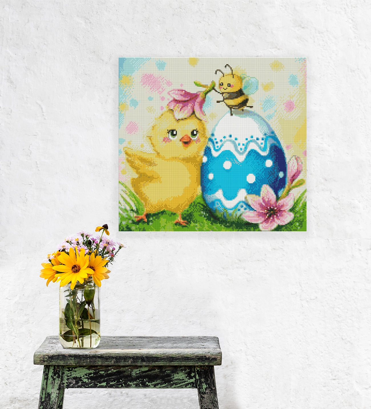 Diamond Painting Küken mit Osterei, Biene und Blumen als fröhliche Frühlings- und Oster Wanddekoration für dein Zuhause