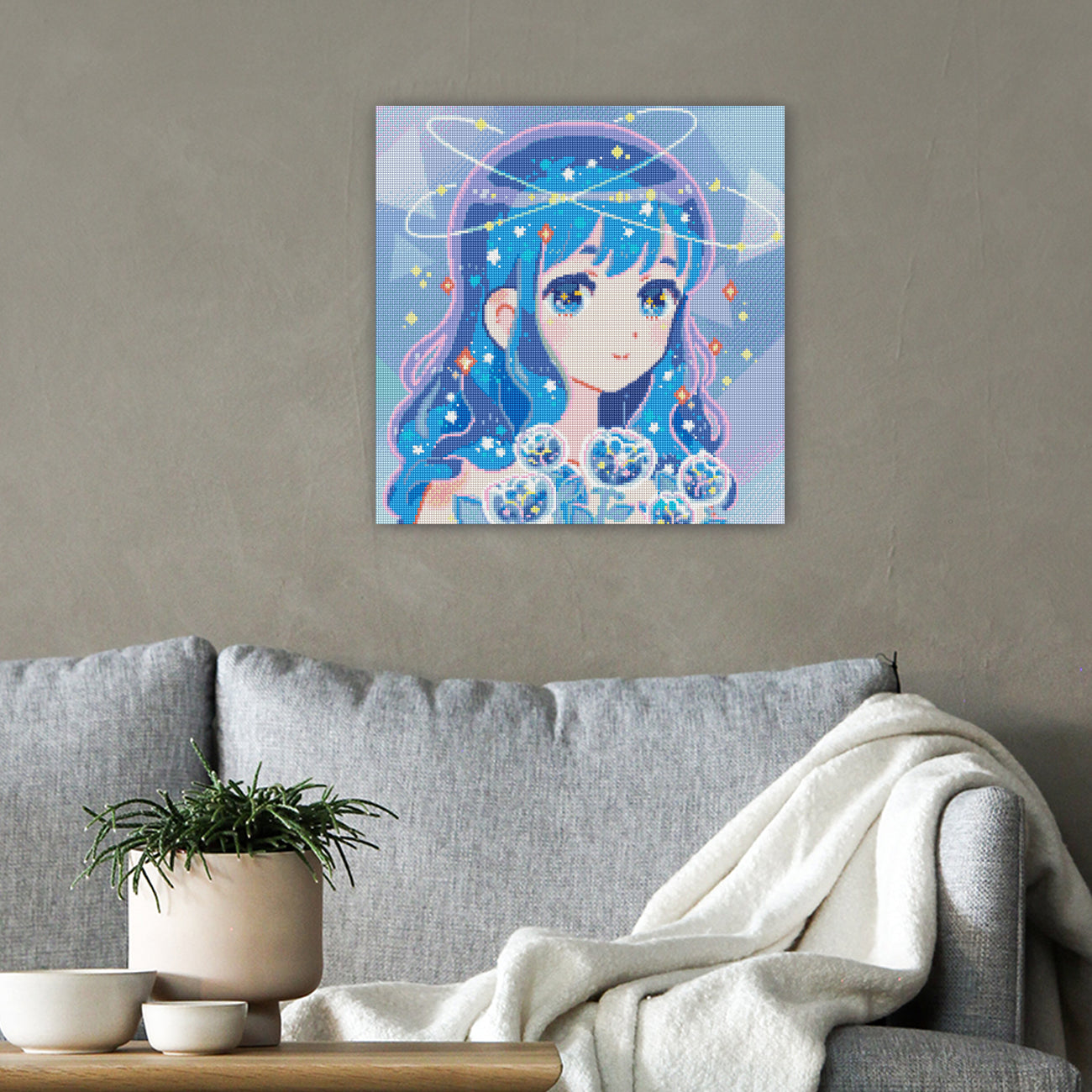 Diamond Painting Sternengöttin von Hiroko als verträumte Wanddekoration im Wohnbereich