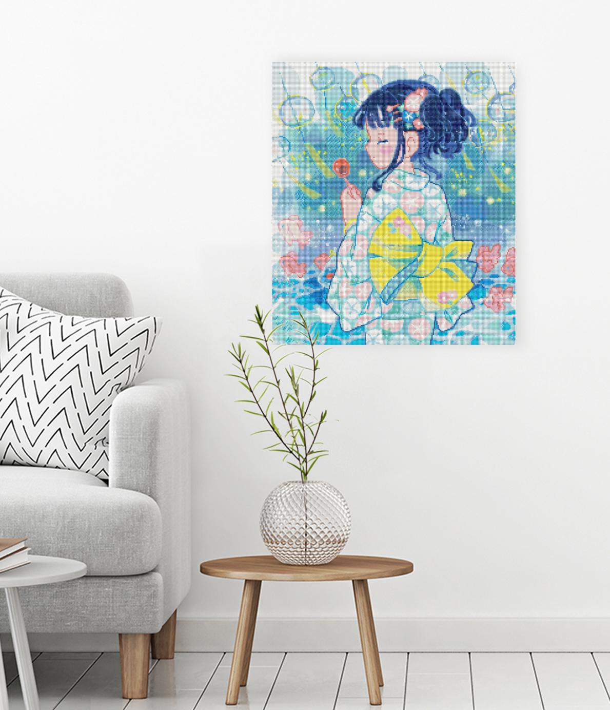 Diamond Painting von Hiroko mit Mädchen, Sommerfest und Laternen als stimmungsvolle japanische Wanddekoration