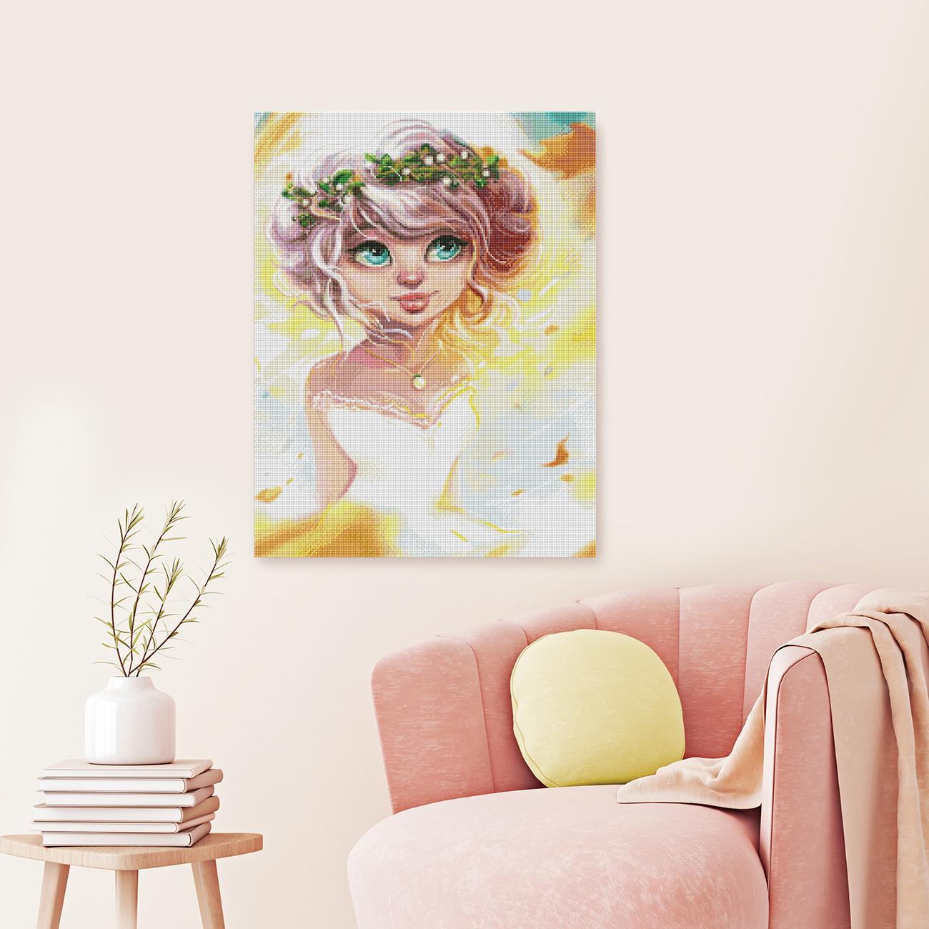 Verspieltes Diamond Painting mit Mädchen in weiß-gelbem Kleid als bezaubernde Wanddekoration