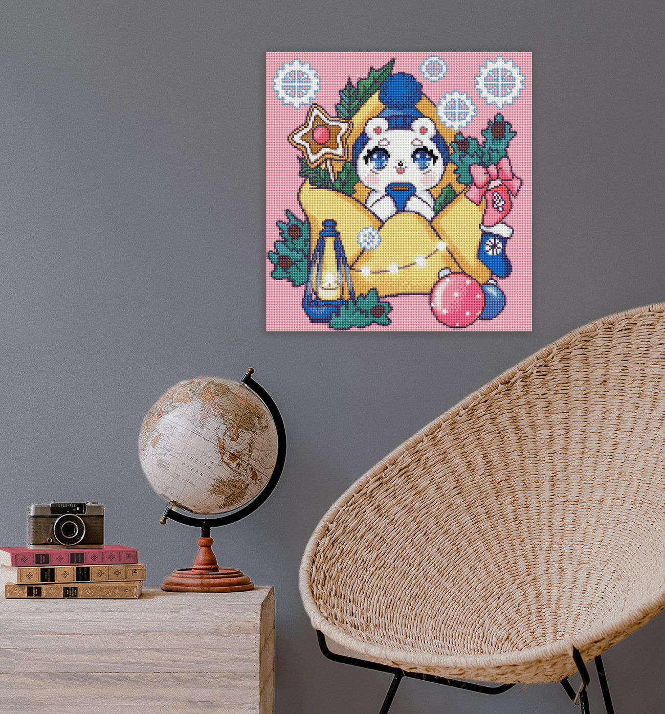 Zauberhaftes Winter-Diamond-Painting mit Eisbär und festlicher Briefszene als gemütliche Wanddekoration für Winter- und Weihnachtsfans