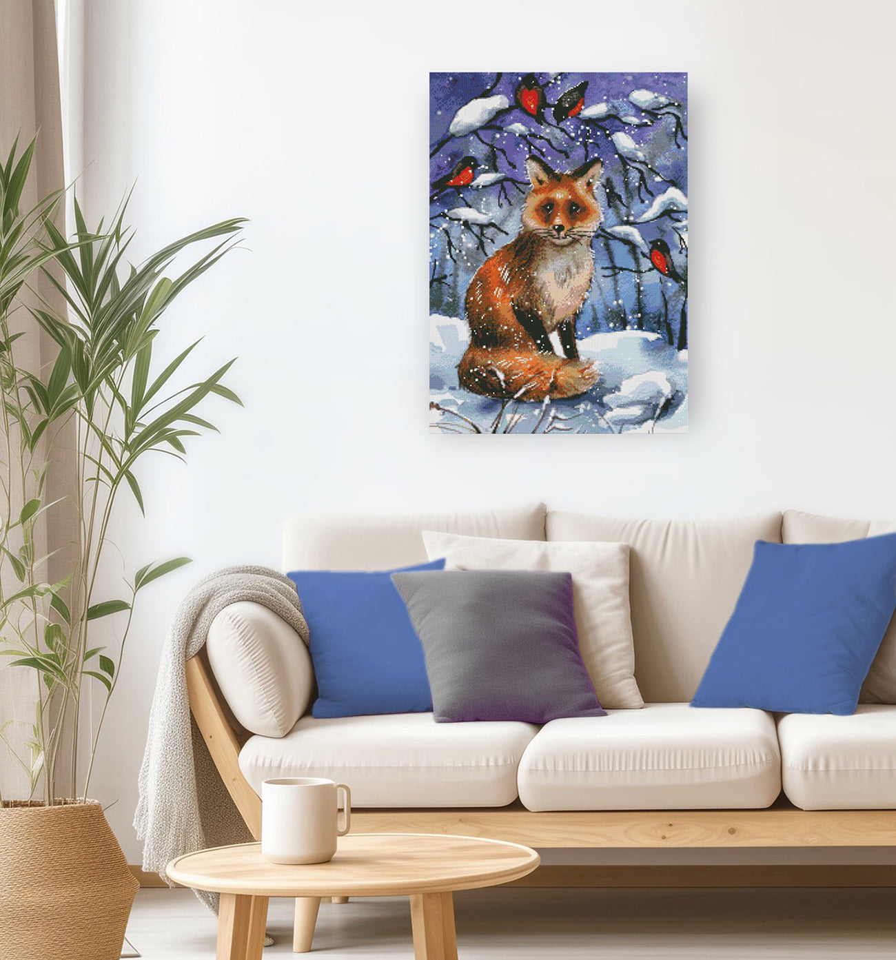 Winterliches Diamond Painting mit Fuchs und Vögeln im verschneiten Wald als stimmungsvolle Wanddekoration