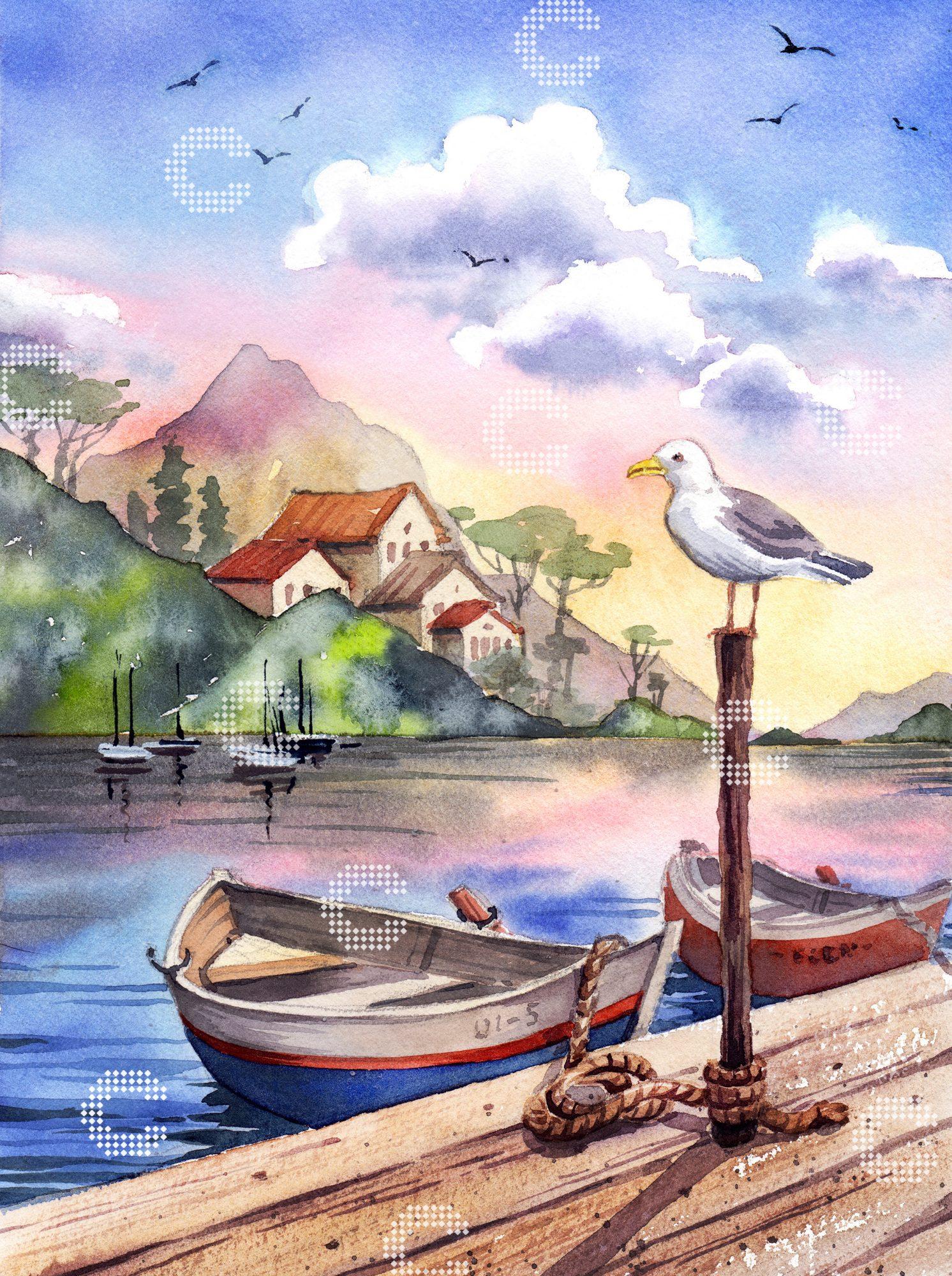 Diamond Painting idyllischer Bergsee im Morgenlicht mit Bootssteg, zwei Booten und einer Möwe, weiteren Vögeln und Wolken am Himmel sowie kleinen Häuschen und Booten am gegenüberliegenden Ufer