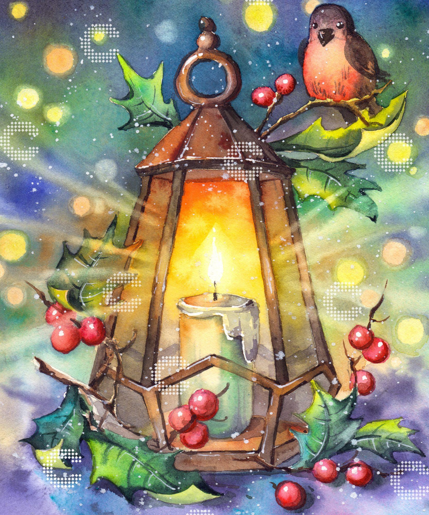Diamond Painting idyllisches Windlicht von Anna Petunova mit warmem Kerzenschein in einer verschneiten Winternacht, umgeben von Zweigen, Blättern und Beeren, mit einem kleinen Vogel