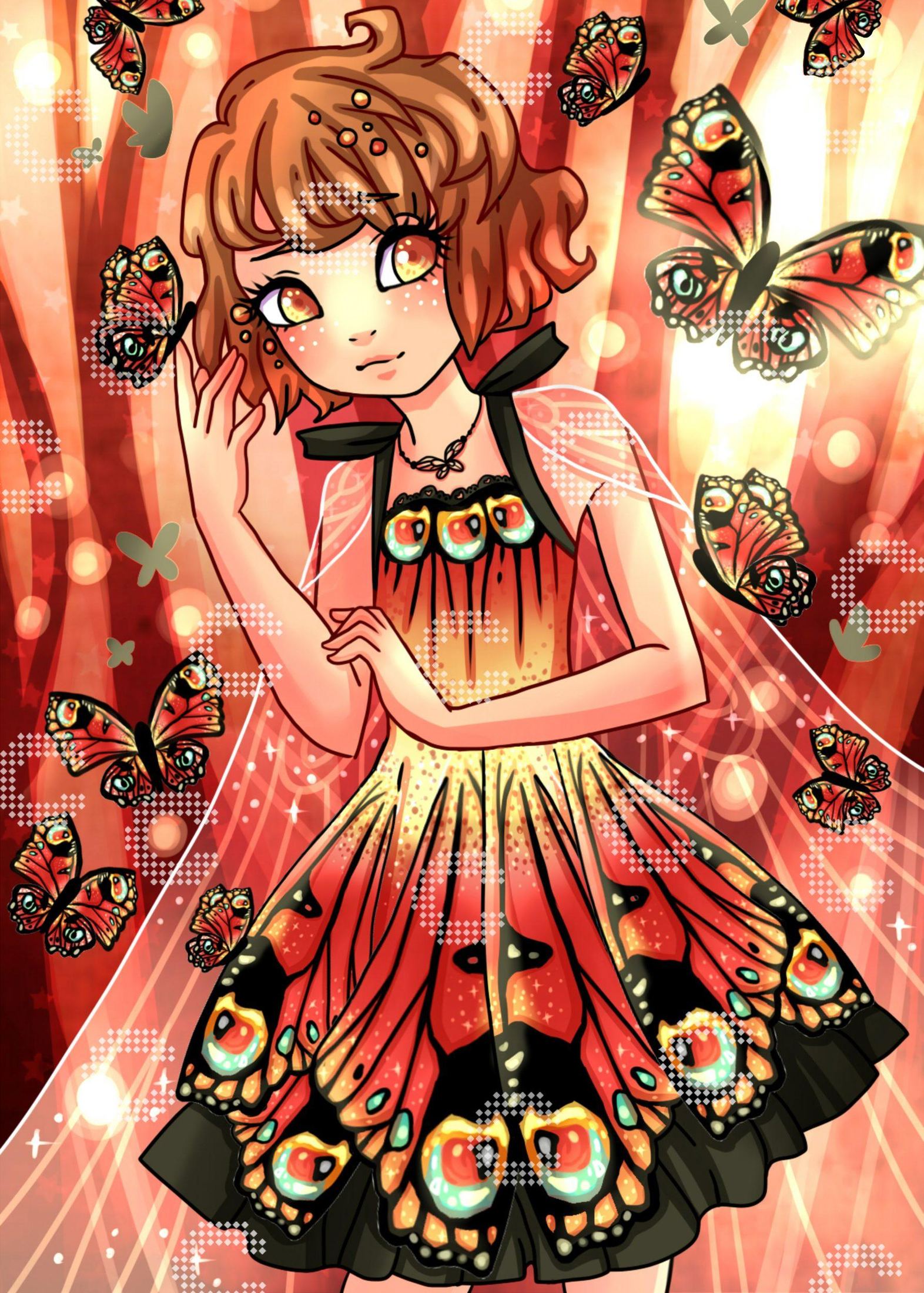 Diamond Painting Mädchen mit kunstvollem Schmetterlingskleid und transparentem Umhang, umgeben von Schmetterlingen vor einem stimmungsvollen Waldhintergrund in warmen Rottönen
