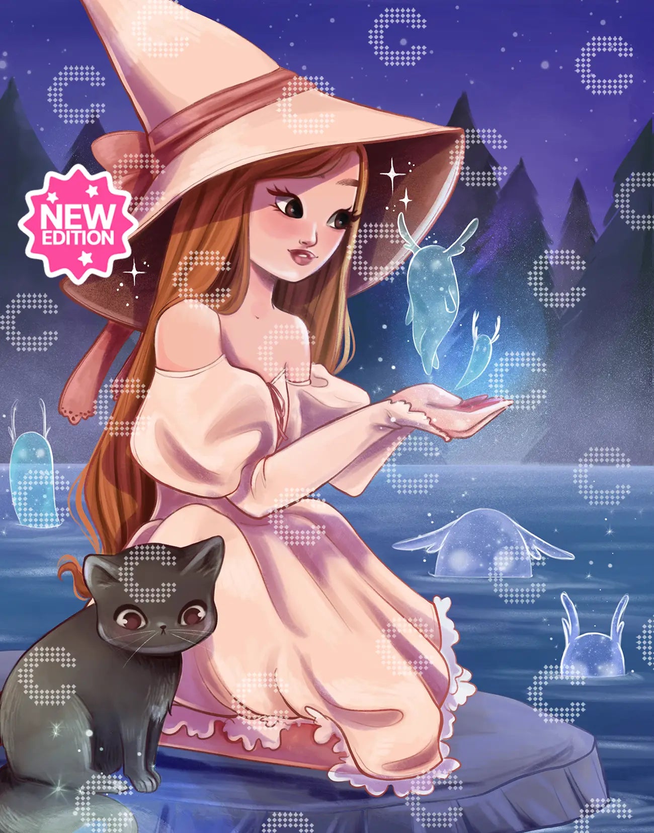 Diamond Painting kleine Hexe im rosa Kleid mit spitzem Hexenhut und schwarzer Katze am Fluss, umgeben von leuchtenden Wassergeistern