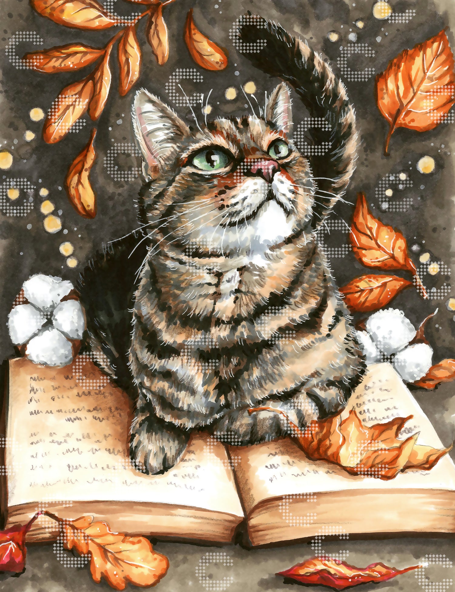 Diamond Painting Katze mit Buch, Laub, Herbstfarben und gemütlichem Motiv