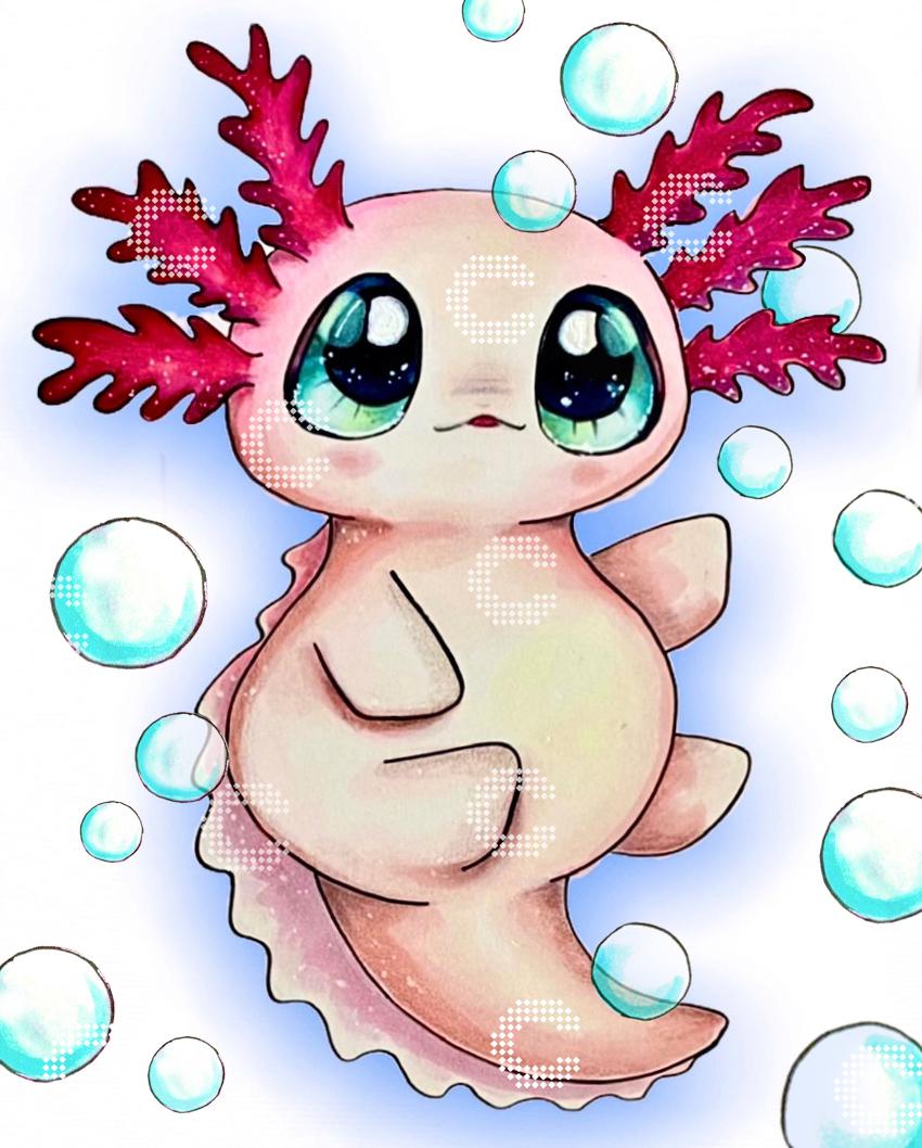 Diamond Painting niedliches Axolotl mit großen Augen und schimmernden Luftblasen